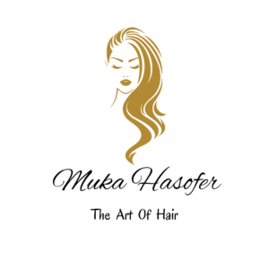 Logo for Muka Hasofer - The Art of Hair. The design features a stylized image of a woman's face with flowing, golden hair, and closed eyes. Below the image, the business name 'Muka Hasofer' is written in elegant script, with the tagline 'The Art Of Hair' in a simpler font.