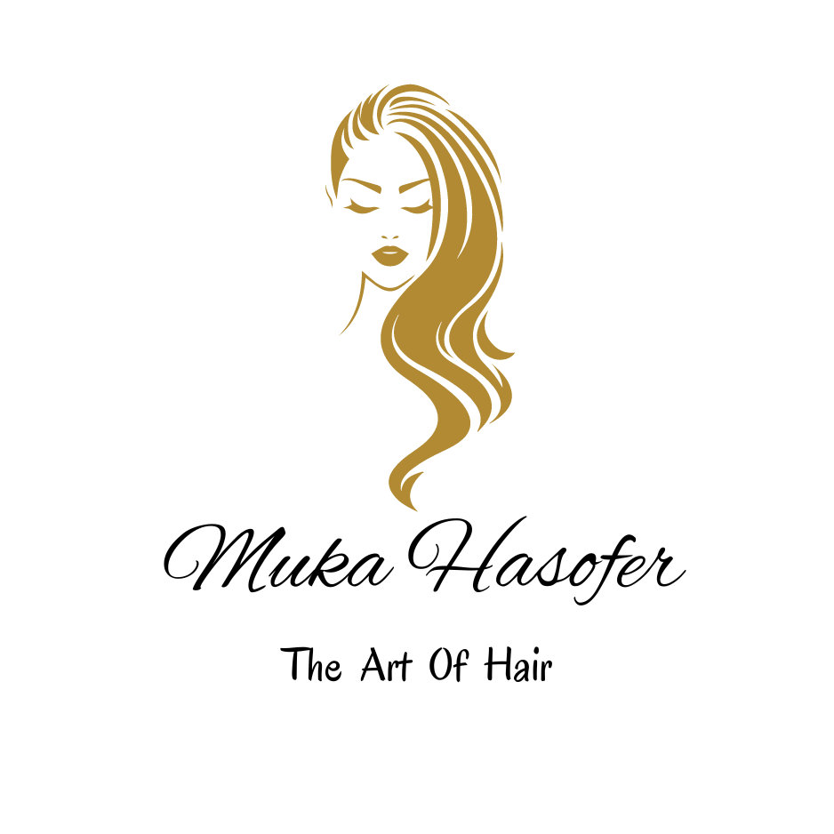 Logo for Muka Hasofer - The Art of Hair. The design features a stylized image of a woman's face with flowing, golden hair, and closed eyes. Below the image, the business name 'Muka Hasofer' is written in elegant script, with the tagline 'The Art Of Hair' in a simpler font.